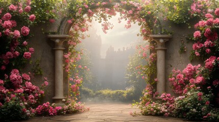 A Stone Archway Adorned with Pink Roses Leading to a Misty Garden