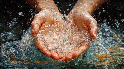 Jesus, hands in water, pouring out the stream of pure living water 