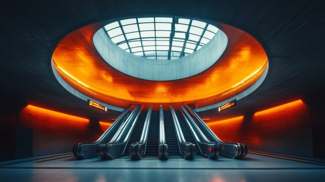 A sleek, modern circular metro station, with synchronized trains following each other on parallel tracks, and escalators moving like synchronized gears under soft LED lighting