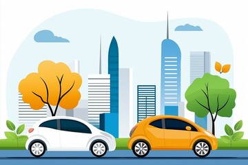 Colorful illustration of two cars parked in a modern cityscape with skyscrapers and greenery.