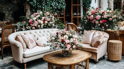 Elegant seating area adorned with floral arrangements for a cozy atmosphere.