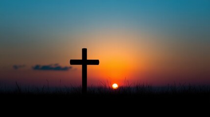 Cross silhouette with a bright sunrise in the background, with warm orange hues blending into blue sky. Concept of faith, spirituality, and hope.