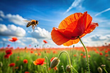 Obraz premium Bee flying towards poppy flower in countryside in spring