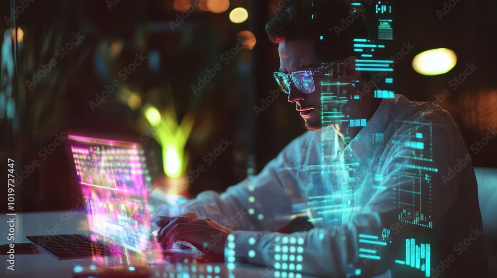 Aufkleber a focused individual working on a laptop, surrounded by digital graphics and data visualizations.
