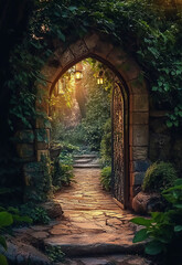 Fototapeta premium Tam Toa church, Quang Binh, Vietnam Majestic and Intricate Stone Archway Framing a Picturesque Landscape under Sunlight