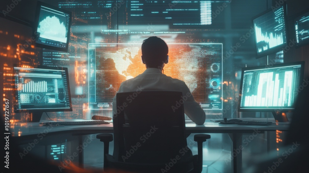 Poster a person analyzing data in a high-tech control room with digital displays.