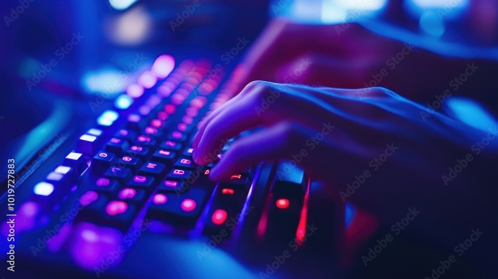 Poster a close-up of hands typing on a colorful backlit keyboard in a dark environment.