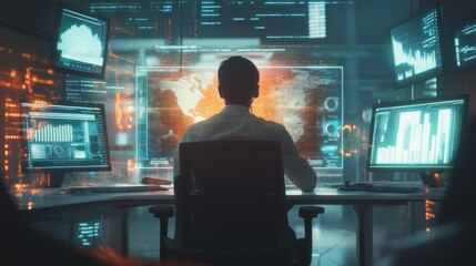 A person analyzing data in a high-tech control room with digital displays.