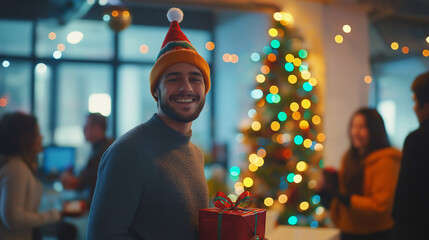 Man with Christmas gift at office party