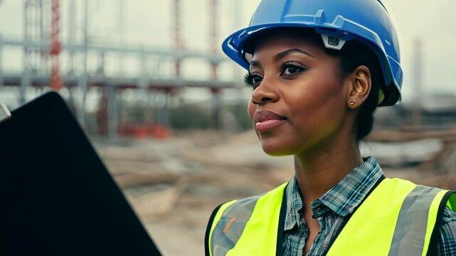 African American female supervisor with clipboard on construction site. Engaging with subcontractors to ensure smooth project execution.