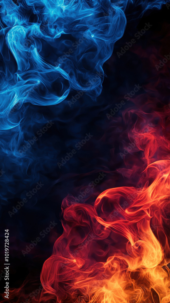 Poster dynamic smoke swirls in blue and red colors create an intriguing visual effect, perfect for backgrou