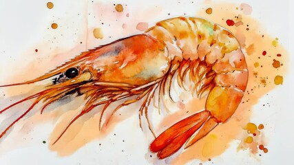 A watercolor painting of a shrimp on a white background with splashes of orange and brown paint