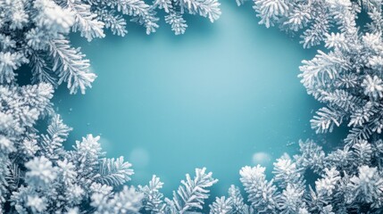 Frosty Pine Branches Bordering a Light Blue Background