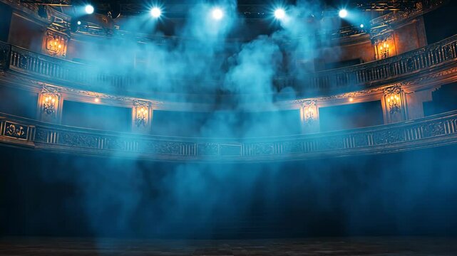 A theatrical stage is set with blue lights and smoke, awaiting the performance