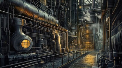 Fototapeta premium A dimly lit industrial corridor filled with pipes and machinery, showcasing a factory setting.