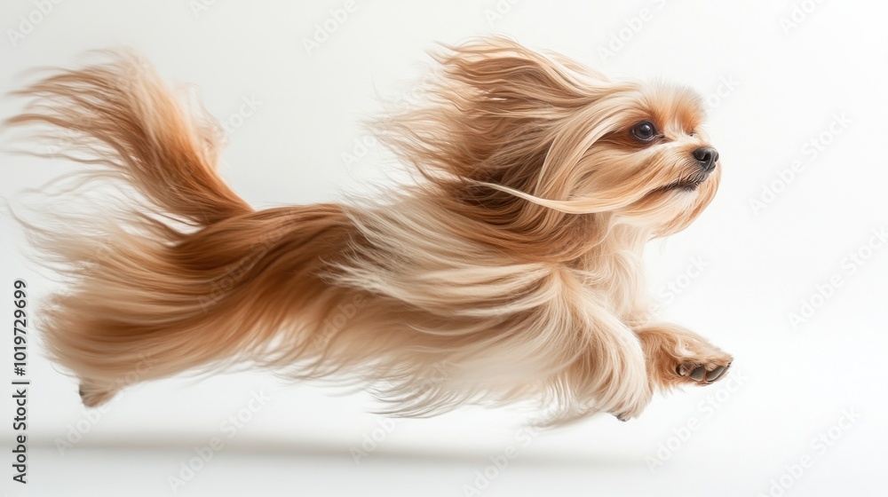 Canvas Prints A small dog with long fur is joyfully leaping through the air against a light background.