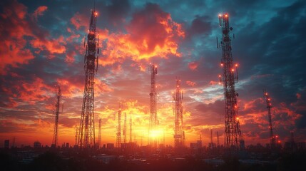 Sunset over communication towers with vibrant clouds.