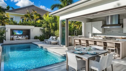 Fototapeta premium Modern outdoor kitchen and pool area with dining space in a tropical setting.