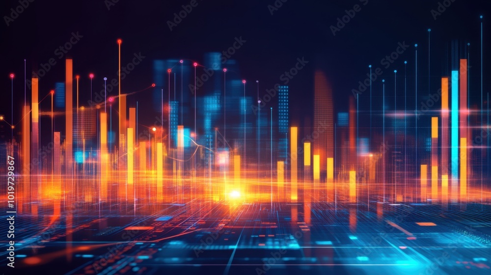 Poster dynamic finance technology background with glowing numbers and graphs, representing business prosper