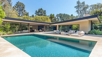 Fototapeta premium Modern house with a pool surrounded by greenery in a serene outdoor setting.