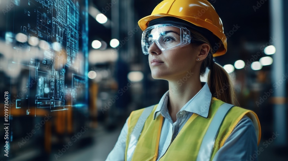 Poster factory worker analyzing holographic machine diagnostics, representing cutting-edge predictive maint