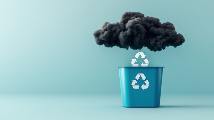 Recycling concept with blue bin and black cloud, isolated.