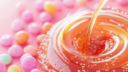 Fototapeta premium Close-up of golden honey being poured on a vibrant pink background adorned with colorful candy pieces, offering a sweet, delectable scene.