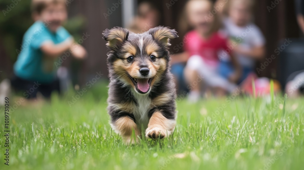 Poster a playful puppy running joyfully on grass with children in the background.