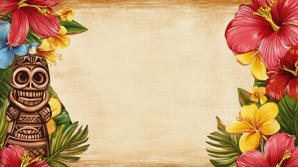 Fill-in-the-blank Luau party template featuring a tiki design with tropical flowers, ideal for personalized celebration posters or invites