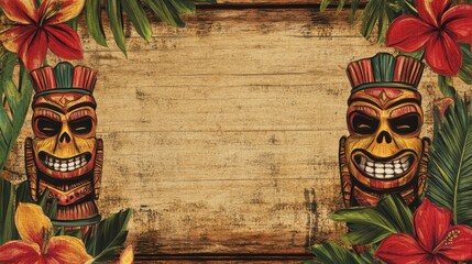 Fill-in-the-blank Luau party template featuring a tiki design with tropical flowers, ideal for personalized celebration posters or invites