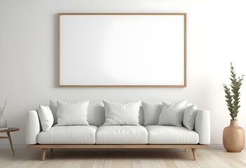 A white sofa with wooden legs in a minimalist living room setting, with a large blank white frame on the wall above the couch.