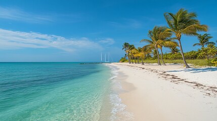 Tranquil white sand beach with palm trees and turquoise water.