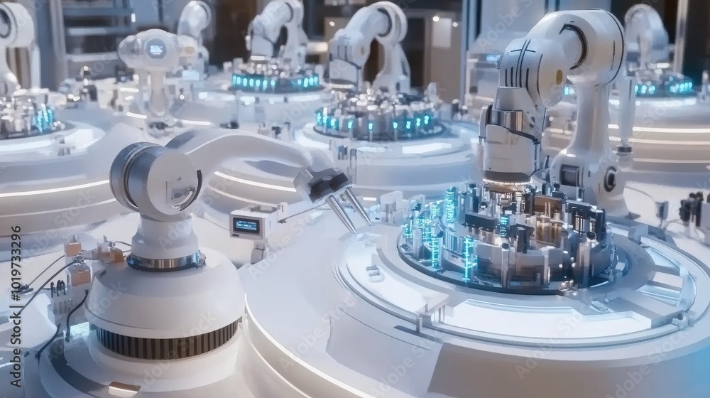 Poster smart factory with multiple robotic vehicles working together, showcasing the enhanced collaboration