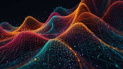 Naklejka premium Abstract digital landscape with a vibrant and colorful mesh, depicting a futuristic and technological scene.