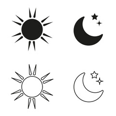 Illustration of sun and moon icon on isolated background. Color filled and line variant of day and night icons. Vector. EPS10.