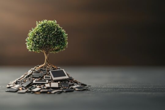 Tree growing from electronic waste, symbolizing sustainability.