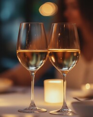 Two wine glasses on a table, a blurred couple gazing at each other in the background, soft evening glow