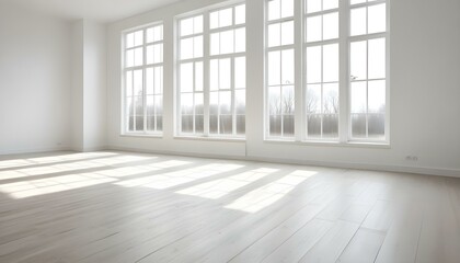 Fototapeta premium Empty white room with large windows and wooden floor.