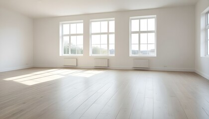 Obraz premium Empty white room with large windows and wooden floor.