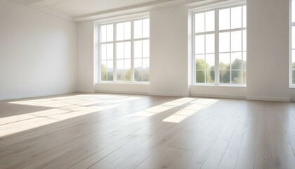 Fototapeta premium Empty white room with large windows and wooden floor.
