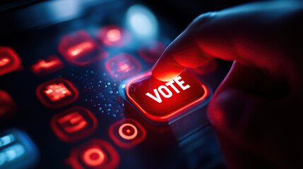 Obraz premium Close-up of a finger about to press a glowing red button with the text 