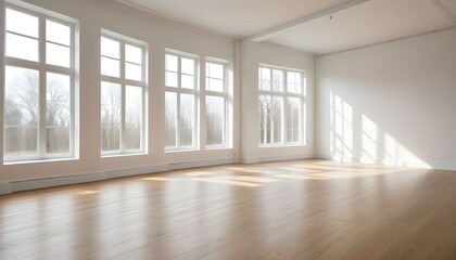 Fototapeta premium Empty white room with large windows and wooden floor.