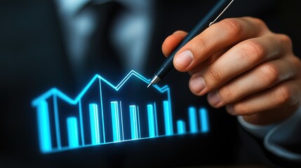 Businessman drawing a rising graph and bar chart with a blue hologram