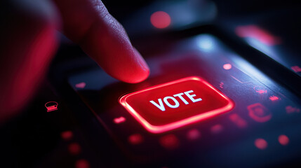Close-up of a finger about to press a glowing red button with the text "VOTE" on a digital screen
