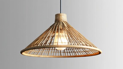 A cone-shaped bamboo pendant lamp with a rustic, boho-inspired look, isolated on a transparent background