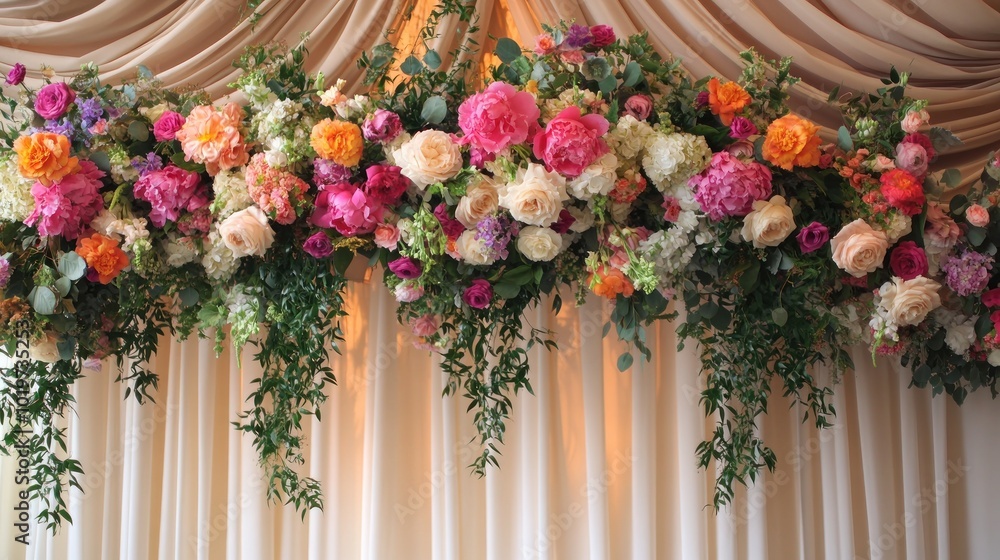 Poster A vibrant floral arrangement draped elegantly against a fabric backdrop.