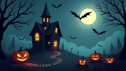 Fototapeta premium Spooky halloween background of ghost house with bats and jack-o-lanterns digital illustration
