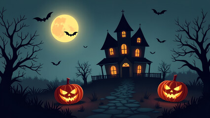 Spooky halloween background of ghost house with bats and jack-o-lanterns digital illustration
