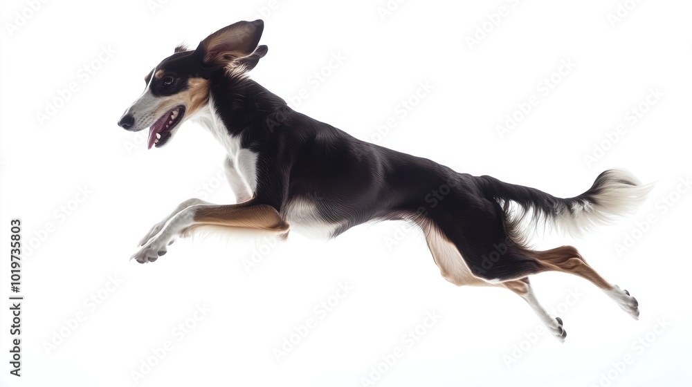 Wall mural A dog in mid-air, showcasing agility and playfulness against a bright background.