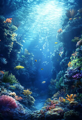 Tropical underwater world with corals and tropical fish Vibrant Coral Reef with Colorful Fish and Sunbeams